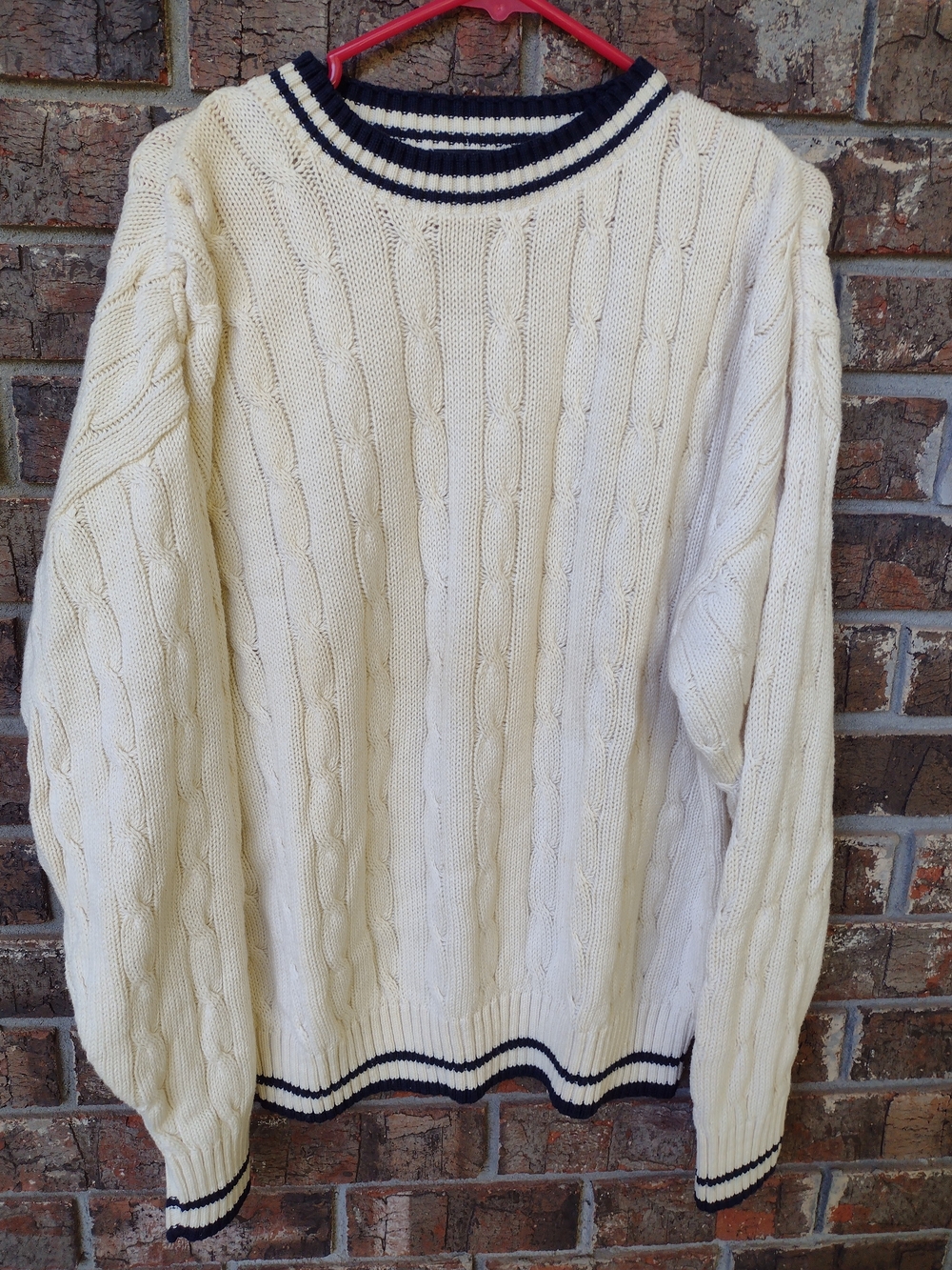 VTG Christian Dior Monsieur Sweater Men L Cream/Navy Stripe Cable 100%Cotton USA